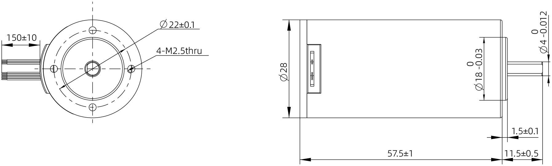 Brushless DC Motor Size 28mm Dimensional Drawing